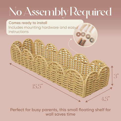 Set 2 Rattan Nursery Book Shelf, Woven Scalloped wall Shelves, Wicker Hanging Storage Basket, Baby Room Bookshelf, Wall