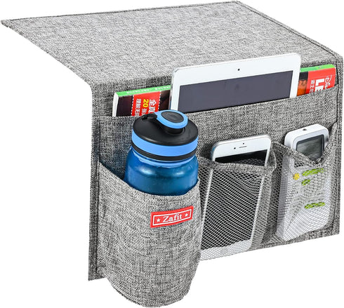 Linen 4 Pockets Bedside Caddy, Bedside Storage Organizer with Water Bottle Holder for Magazine, Remotes, Phone (Grey)