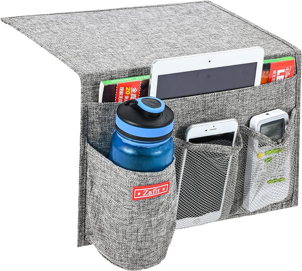 Linen 4 Pockets Bedside Caddy, Bedside Storage Organizer with Water Bottle Holder for Magazine, Remotes, Phone (Grey)