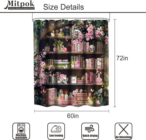 60Wx72H 12 Pack Gothic Skull Shower Curtain Vintage Bookshelf Witchy Floral Pink Cherry Pretty Retro Magic Spring