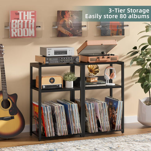 3-Tier 120 Albums, LELELINKY Record Player Stand, End Side Table with Vinyl Record Storage, Vinyl Record Holder Up