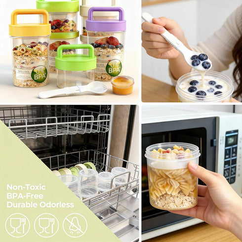Loodkyoo 4 Pack 2-Tier Salad Cup with Dressing Container and Spoons - Portable Plastic Salad Prep Containers to Go