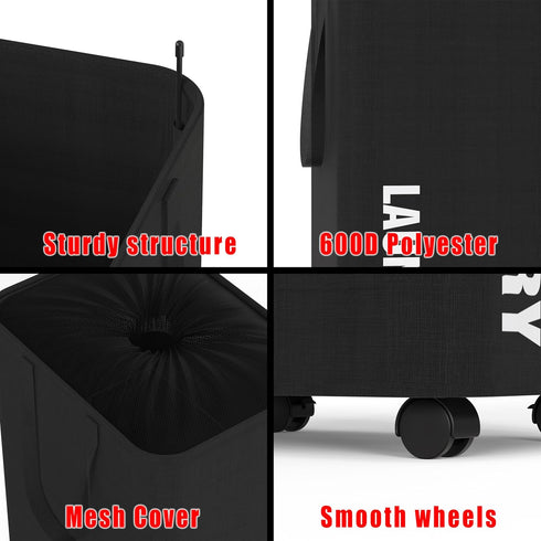 Simple Houseware Laundry Basket Hamper with Wheels, 13"L x 16"W x 24"H (82 Liters), Black