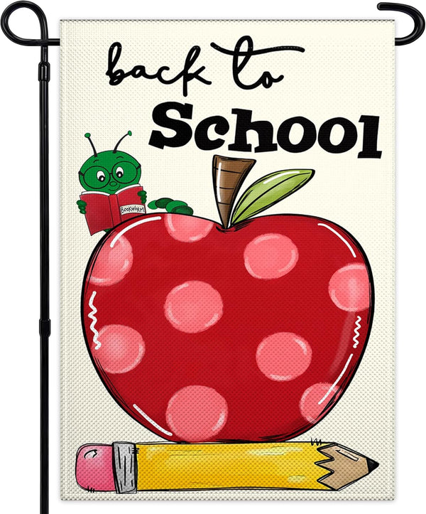 Welcome Back to School Garden Flag 12x18 Inch, Double Sided Love Heart Apple First Day Outdoor House Decoration