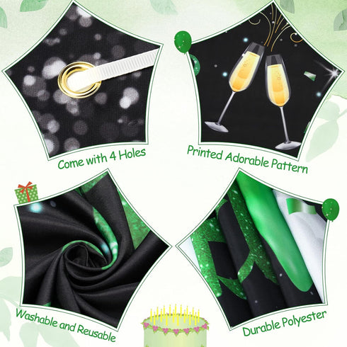 Green Silver Black Happy Birthday Banner Decorations, Champagne Glass Balloons Photo Booth Background for Party Supplies