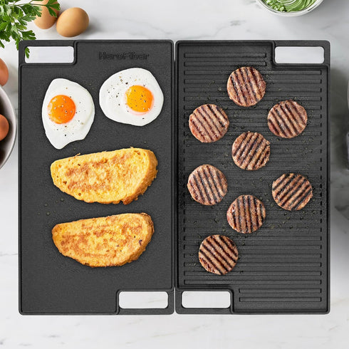 Cast Iron Reversible Grill/Griddle Set: Pre-Seasoned Non-Stick with Press, Scraper & Mitts for Indoor Outdoor Cooking