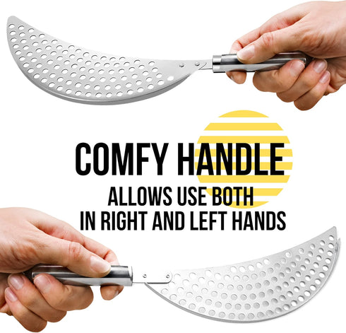 Held Crescent Drainer Pan Strainer with Handle, Stainless Steel Food Colander for Spaghetti, Noodles, Vegetables