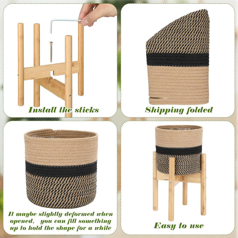 Sunnychicc Stand(7.87 Inch,Black Plant Basket with Stand Indoor Planter Pot Holder Sturdy Jute Rope Modern Woven