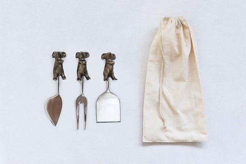Creative Co-Op Cast Aluminum Cheese Servers with Mice Shaped Handles - Set of 3 Styles in Drawstring Bag