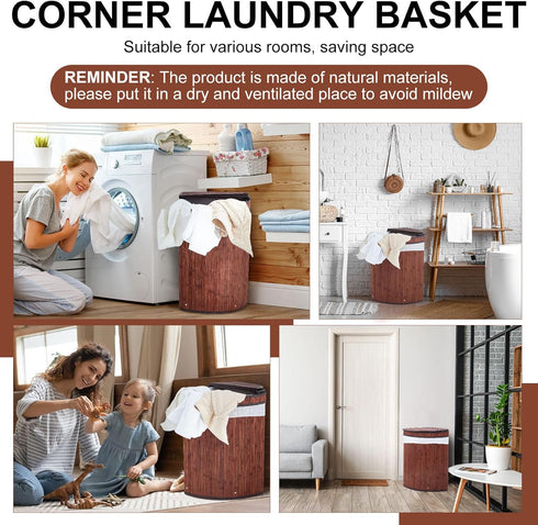 Gueevin Corner Laundry Hamper with Lid, 2 Removable Cloth Liners, Bamboo Corner Basket for Bedroom Bathroom Storage
