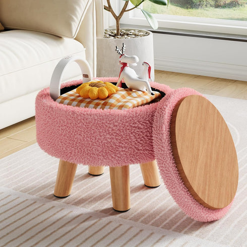 WBKATN Pink Storage Ottoman Foot Rest, Small Sherpa Ottoman with Storage, Cute Round