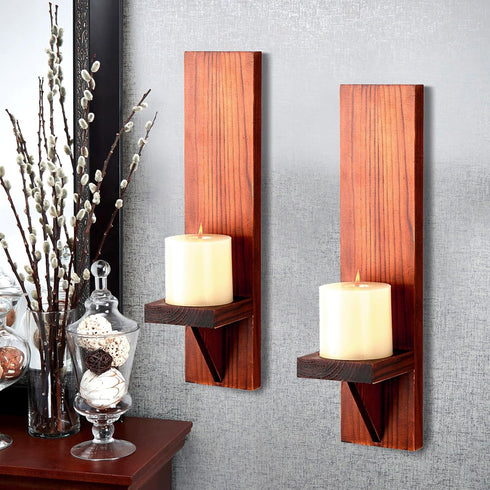 OwnMy Set 2 of Wooden Wall Candle Sconces Rustic Wall Mount Wooden Pillar Candle Sconces, Brown Farmhouse Wall Candle