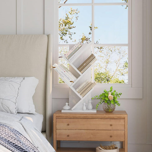 4 UHBC014W YMYNY Tier Tree Bookshelf, Small Bookcase, Modern Wood Book Storage Rack, Freestanding Book Shelf