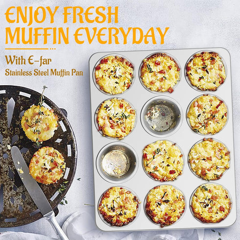 E-far Muffin Pan 12-Cup, Stainless Steel Cupcake Baking Tins for Oven, Non-toxic & Dishwasher Safe