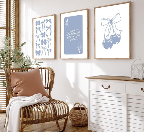 Preppy Blue Bows Canvas Wall Art | Trendy College Apartment Prints, Lucky Girl Syndrome Posters, Aesthetic Girly Wall