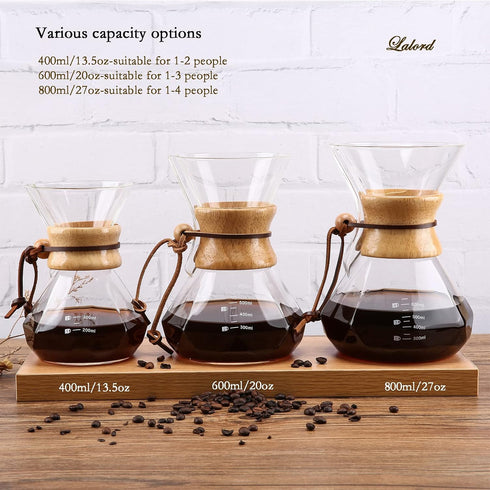 Pour Over Coffee Maker with Stainless Steel Filter, Borosilicate Glass Carafe, Modern Wooden Collar