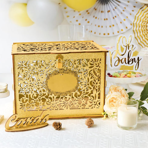 OurWarm Glittery Gold Wedding Card Box with Lock, Wood Gift Box for Reception, Party Decorations