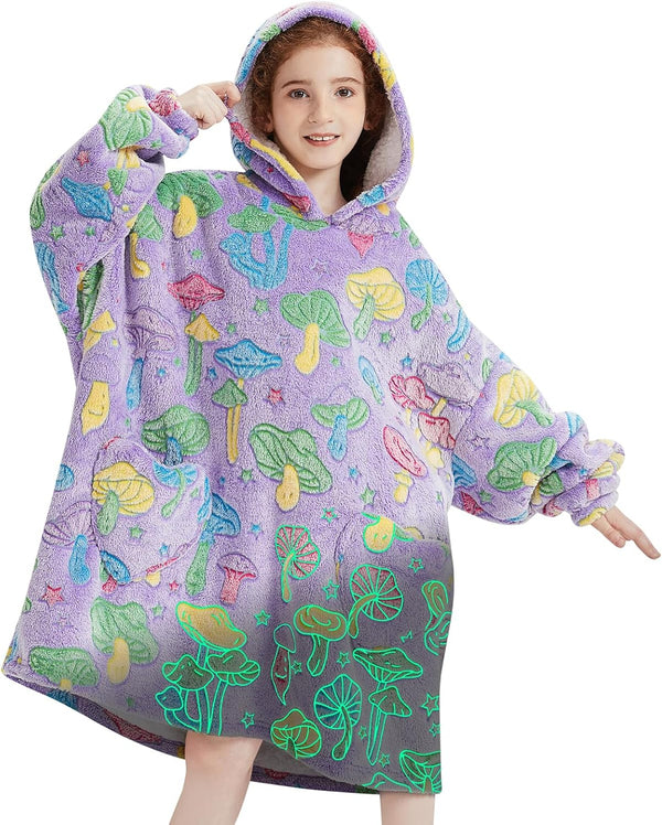 Fiosnow Glow in the Dark Mushroom Blanket Hoodies for Kids 6-13YR Oversize