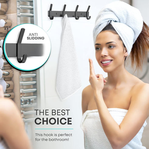 Matte Black Coat Rack Wall Mount, 12 Inch Stainless Steel Hook Rail with 4 Double Hooks for Entryway Organizer