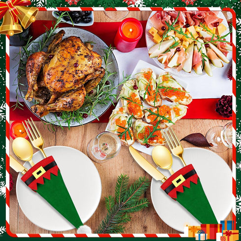 Hiboom 50 Pcs Christmas Cutlery Holders, Elf Hats Non Woven Fabric Silverware Storage Bag for Table Flatware