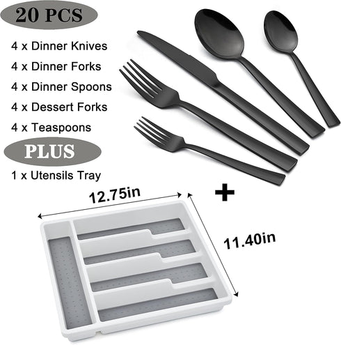 LIANYU 20-Piece Black Silverware Set with Tray, Stainless Steel Square Flatware Cutlery Set for 4, Black Eating Utensils for Home Restaurant, Dishwasher Safe, Mirror Finished by LIANYU