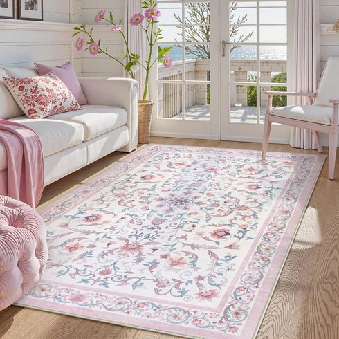 5x7 Lahome Pink Floral Rugs for Bedroom Girls Soft Washable Non-Slip Living Room Rug Vintage Botanical Boho Flower