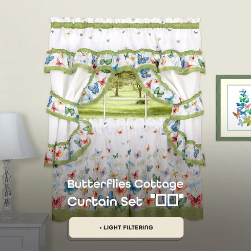 Printed Cottage Window Curtain Set - 57 Inch Width, 24 Inch Length - Green Butterflies - Polyester Soft Treatment