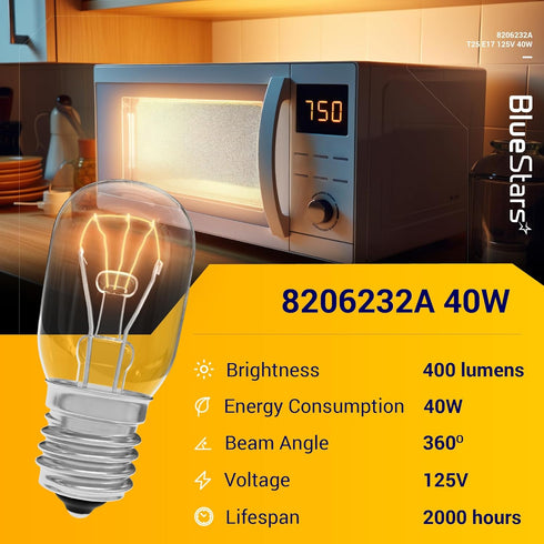 BlueStars 8206232A Microwave Oven Light Bulb, 40W 125V E17 Base, 3 Packs, Compatible with Whirlpool