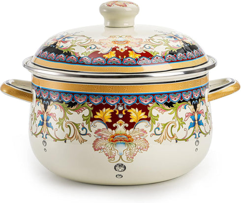 ZENFUN Kitchen Enamel Stockpot with Lid, 3.5 Quart Retro Flower Stew Bean Cooking Pot, Nonstick, Safe for Induction