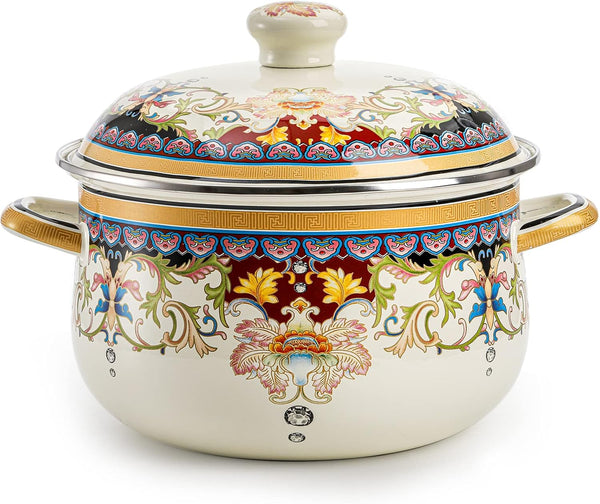 ZENFUN Kitchen Enamel Stockpot with Lid, 3.5 Quart Retro Flower Stew Bean Cooking Pot, Nonstick, Safe for Induction