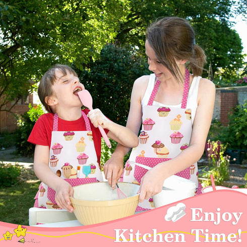 Kids Chef Hat and Apron Set, Toddler Apron for Girls with Large Pocket for Cooking and Baking