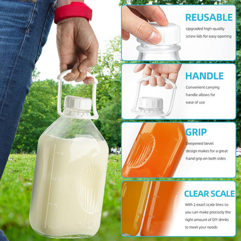 4 Pack 1/2 2 64 Oz 8 2 Gal Glass Milk Bottle with Airtight Lid & Pour Spouts - Heavy Duty Glass Milk Jug, Water