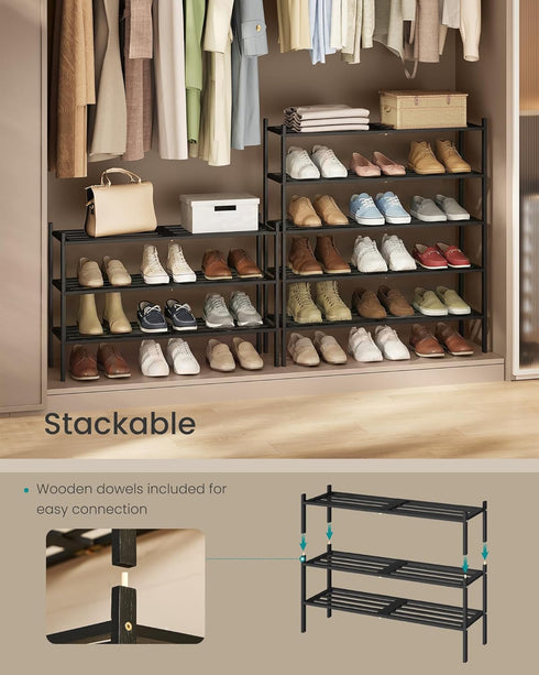 Closet, 3-Tier, 12-16 ULBS053BH01 SONGMICS Bamboo Shoe Rack for Stackable Shoe Oragnizer with Modular Structure