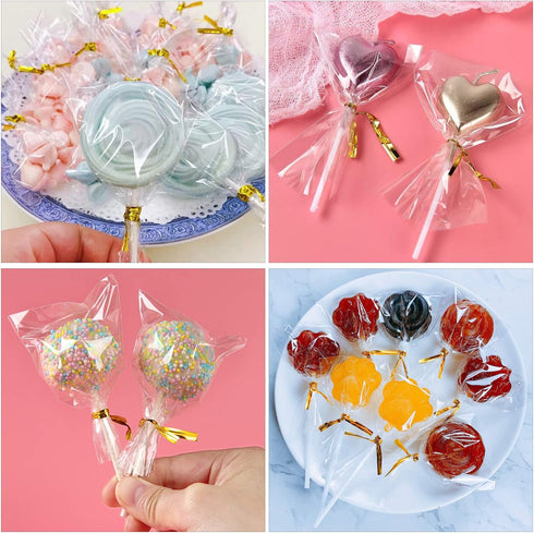 300PCS Lollipop Cake Pop Treat Bag Set with 100pcs Parcel Bags, Treat Sticks, Gold Metallic Twist Ties for Candies