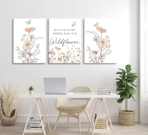 Dawaqwe 3PcsFramed Wildflower Nursery Canvas Wall Art Flower Botanical Sentence Poster Pink Watercolor Floral Girl's