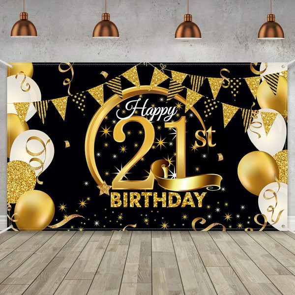 Birthday Party Decoration Extra Large Fabric Black Gold Sign Poster for Anniversary Photo Booth Background, 72.8 x 43.3