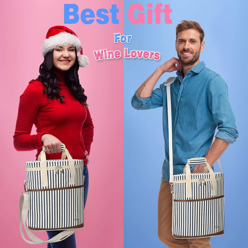Tirrinia Insulated 3 Bottle Wine Gift Carrier - Padded Travel Cooler Tote Bag with Handle & Adjustable Strap, Stripe
