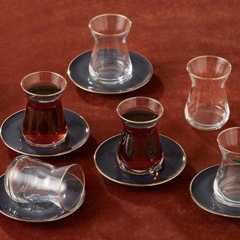 Set 6, 12-Piece Set Set KARACA Turkish Tea Glasses for Retro Anthracite Tea with Gold Trim, Traditional Turkish Tea