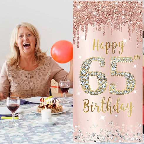 65th Birthday Decorations Door Banner for Women, Pink Rose Gold Happy 65 Birthday Backdrop Party Supplies