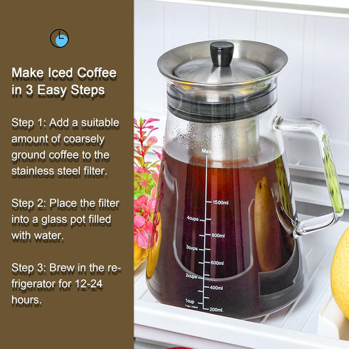 Aquach Airtight Cold Brew Coffee Maker 51oz/1.5L, BPA-Free Borosilicate Glass Pitcher with Stainless Steel Filter