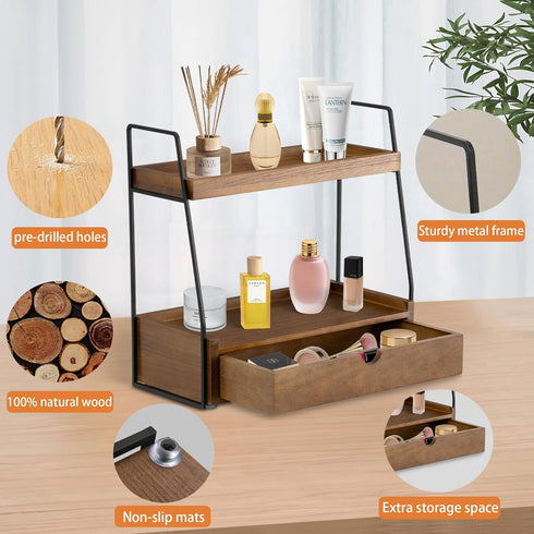 2-Tier Countertop Counter Bathroom Organizer with Drawer, Wood Organizer for Bathroom Decor, Sink Shelf for Vanity