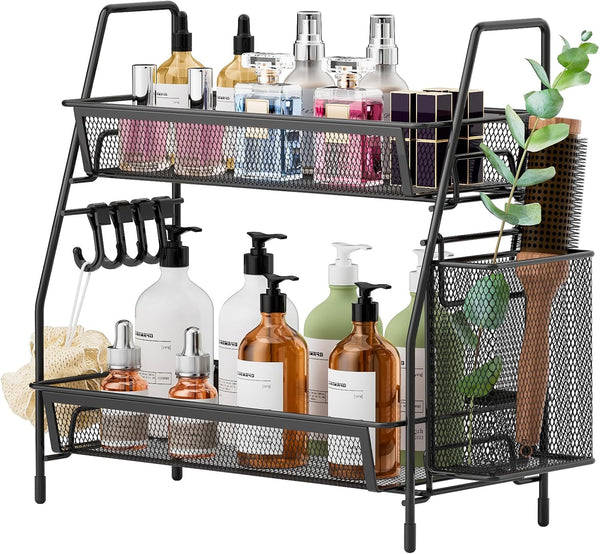 VITVITI 2-Tier Bathroom Organizer Countertop, Small Black Metal Wire Mesh Storage with Basket Hooks and Vanity Tray