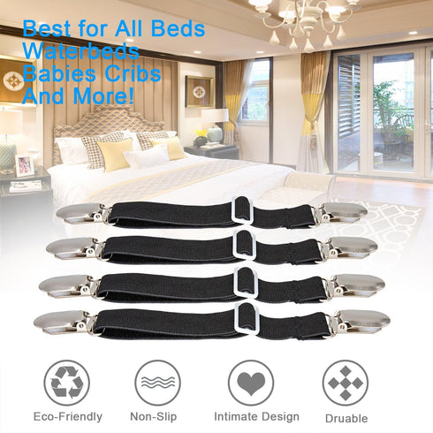 BetyBedy 4Pcs Adjustable Bed Sheet Fasteners, Elastic Straps Clips, Cover Grippers Holder for Mattress Pad, Sofa
