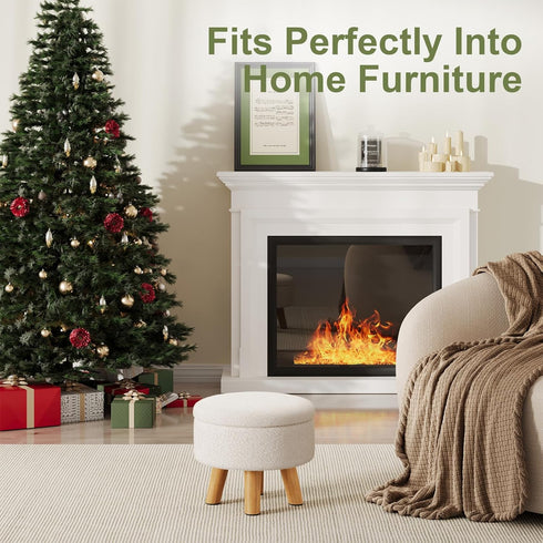 WBKATN Small Ottoman Footrest, White Boucle Foot Stool, Round Pouf Ottoman with Storage, Teddy Velvet Foot Rest