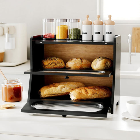 2-Tier Countertop,Bread Bread Box,Extra Large Bamboo Bread Box for Kitchen Storage Container with Magnetic Acrylic Door