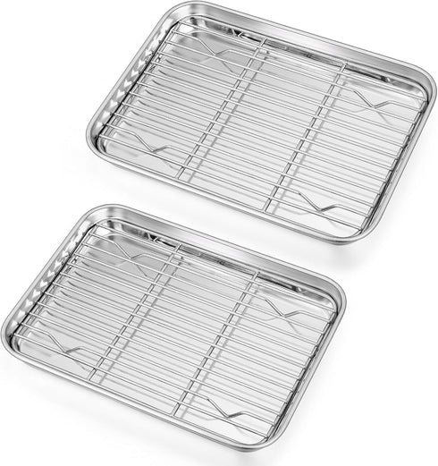 P&P CHEF Toaster Oven Pans with Racks Set of 2, Stainless Steel Small Baking Pan Sheet for Oven Cooking