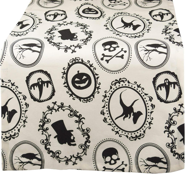DII Halloween Party Tabletop Decor, Reusable Cotton Fabric Table Runner, 14x72, Spooky Portraits, Machine Washable