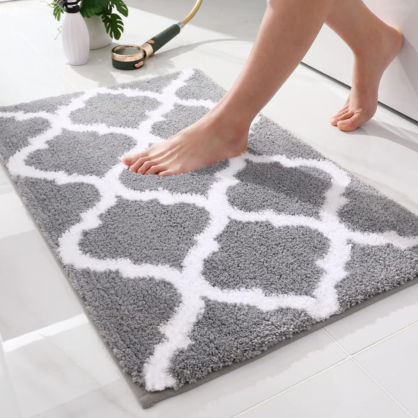 OLANLY Soft and Absorbent Bathroom Rugs 24x16, Non-Slip Shaggy Shower Carpet, Machine Wash Dry, Grey Bath Mats
