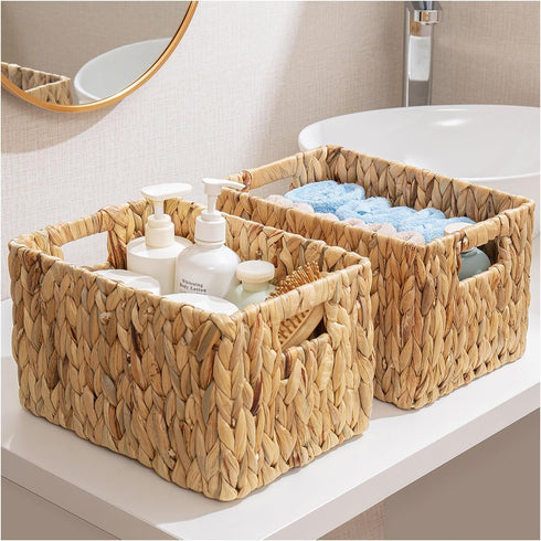 ELONG HOME 2 Pack Water Hyacinth Wicker Baskets, Rectangular 12" Woven Storage Baskets with Handles for Shelves