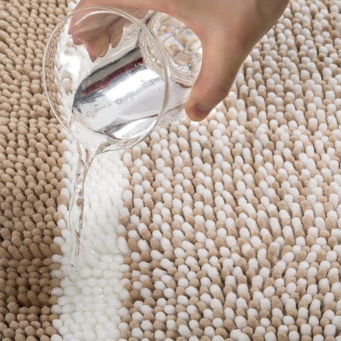 MILVOWOC Luxury Chenille Shaggy Bath Mats, Non-Skid Soft Rugs for Bathroom, Machine Wash/Dry, Khaki/White (17x24 Inch)